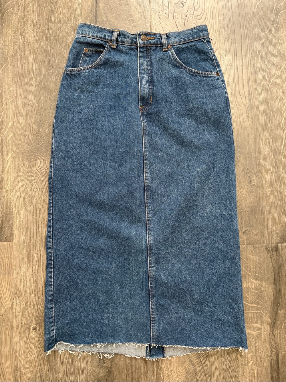 Vintage GAP Blue Denim Midi Skirt with Raw Hem Detail